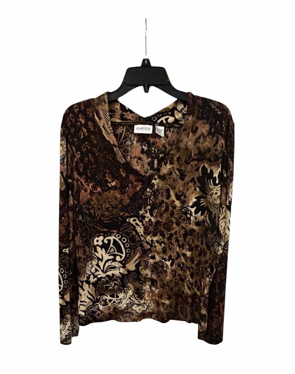Chicos Travelers Mix Leopard Animal Floral Print Stretchy Long Sleeve Top SZ 8
